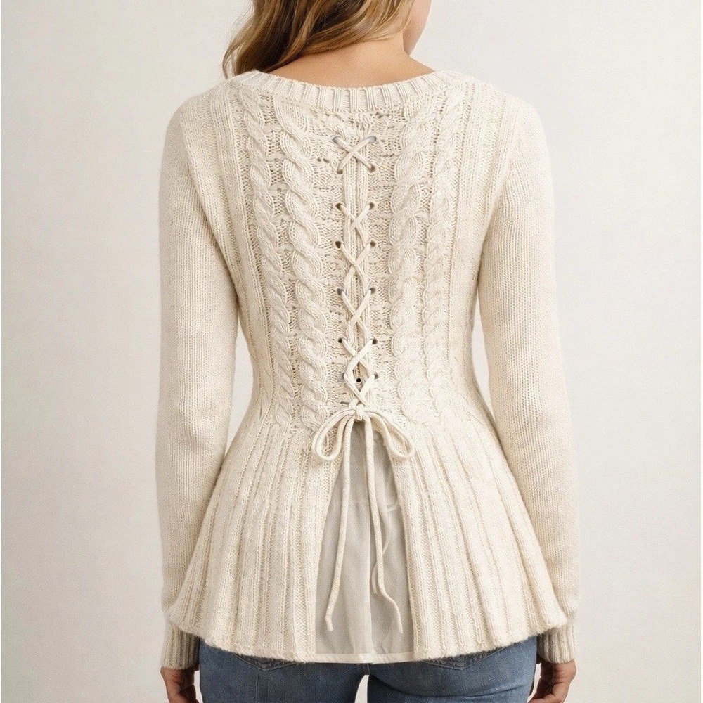 CAbi Cream Cable Knit Sweater Women M Lace Up Back Cotton Blend Cozy Boho Prep